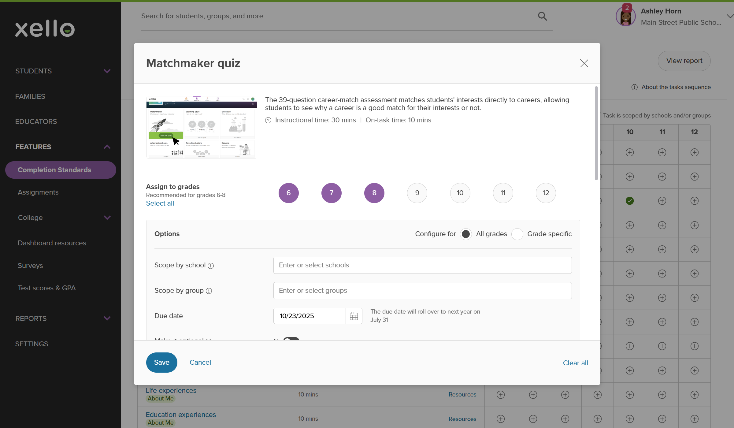 Educator account on the Completion Standards page. The Matchmaker quiz modal is open and is being assigned to multiple grades, with a due date